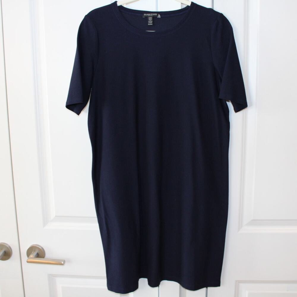 EILEEN FISHER Navy Blue Shirt Dress Stretch Crepe Short Sleeve Zip Side | MP - Picture 2 of 8